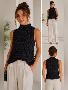 Cocomo Black Textured Ruffle Mock Neck Sleeveless Top Chic Minimalist Blouse